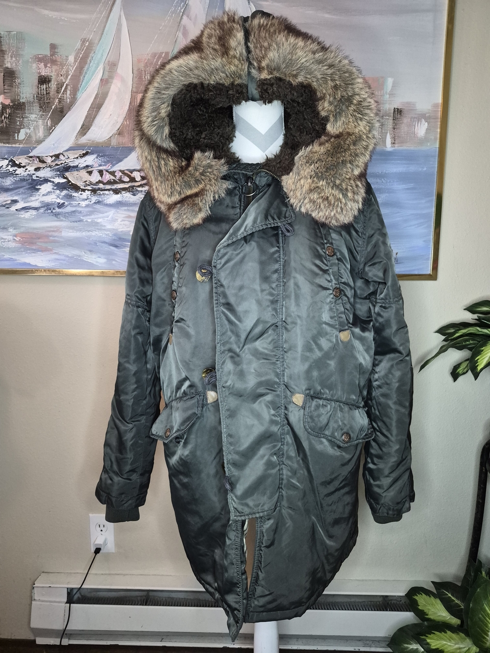 Vintage Diesel Olive Green Hooded Parka with Faux Fur Trim